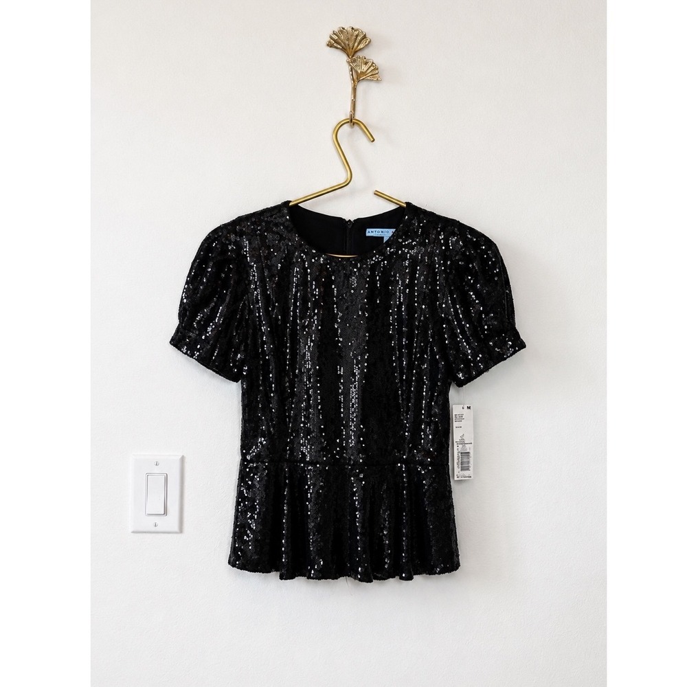 NWT Antonio Melani Women XS Black Sequin Top‎ Short Balloon Sleeve Preppy Party